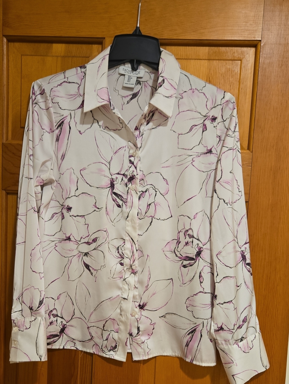 RACHEL Rachel Roy Cream Button-Down Blouse with Pink Floral Sketch